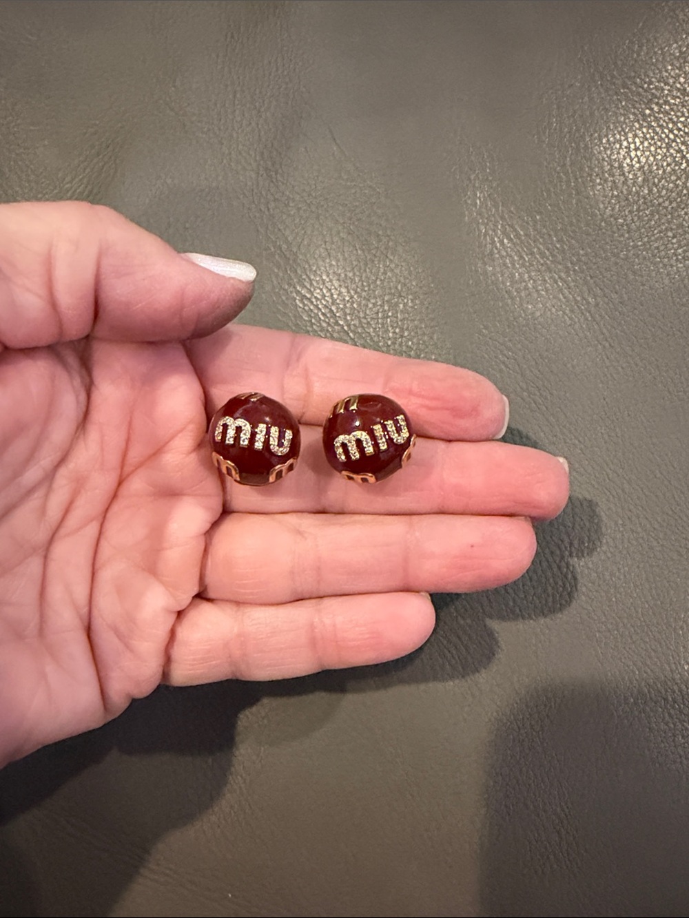 Miu Miu Burgundy Enamel Logo Stud Earrings with Gold Trim